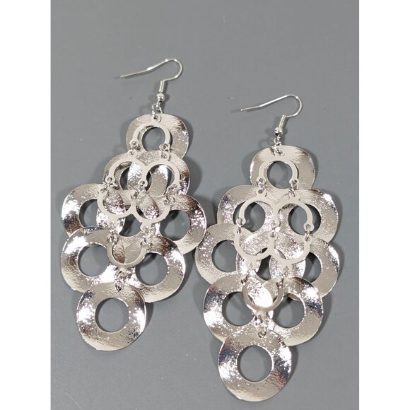 Silver Tone Textured Round Disc Chandelier Charm Statement Earrings MOD Long - Picture 8 of 9